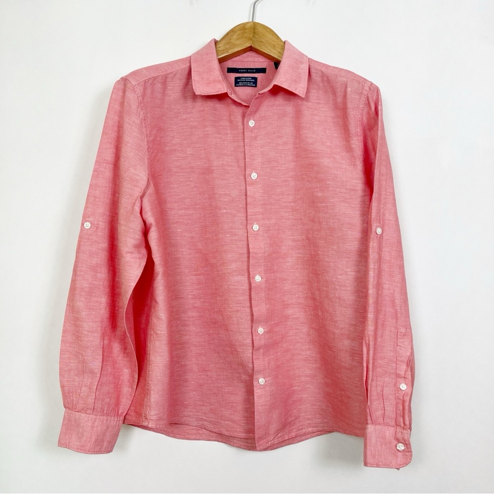 Perry Ellis Men’s Coral Pink Linen Blend Casual Buttoned Shirt Size XL
